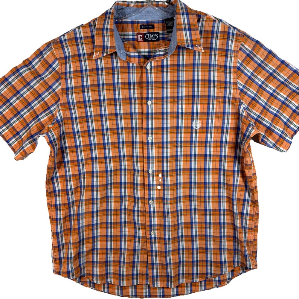 Chaps Mens XL Orange Blue Plaid Short Sleeve Button Down Easy Care Shirt M437